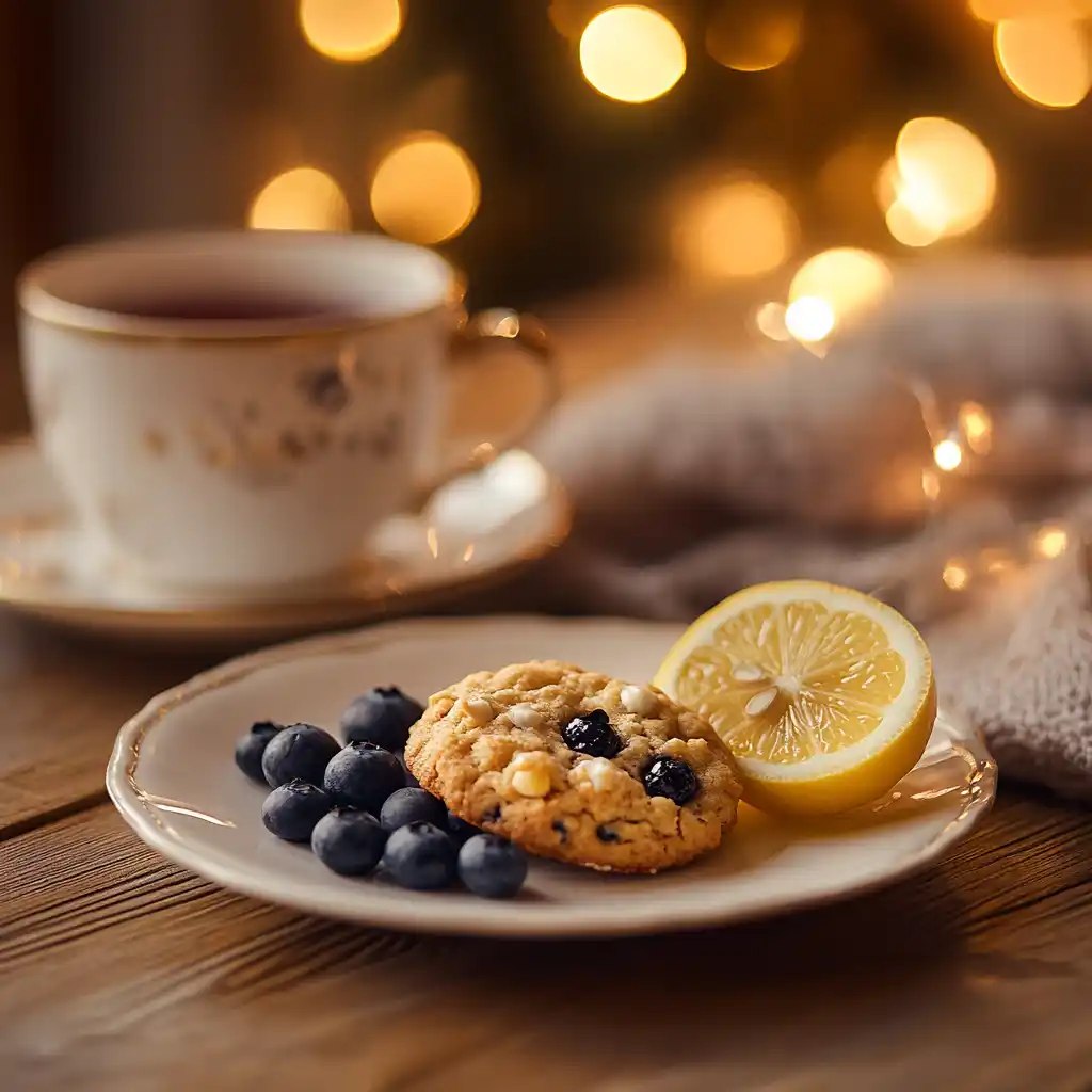 Lemon blueberry cookies served with tea and fresh fruit