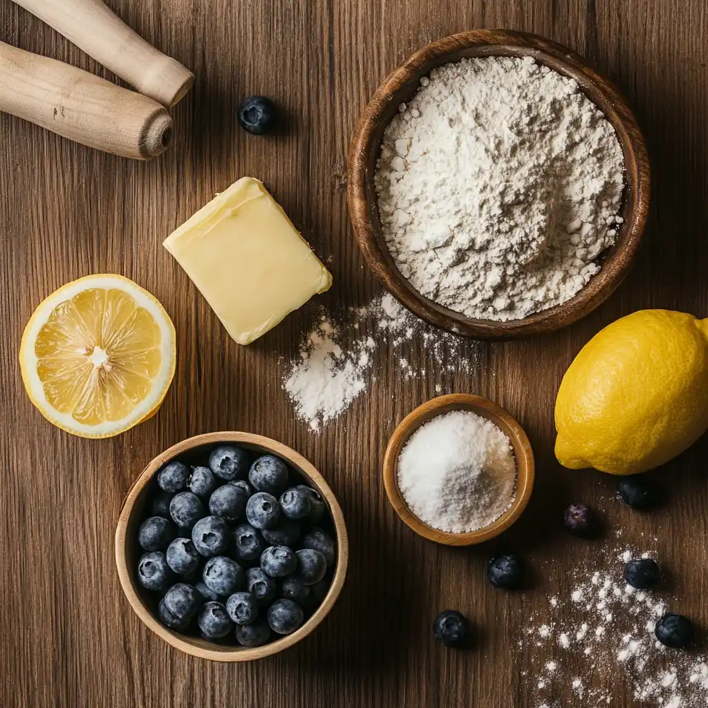 Ingredients for lemon blueberry cookies laid out on a kitchen countertop