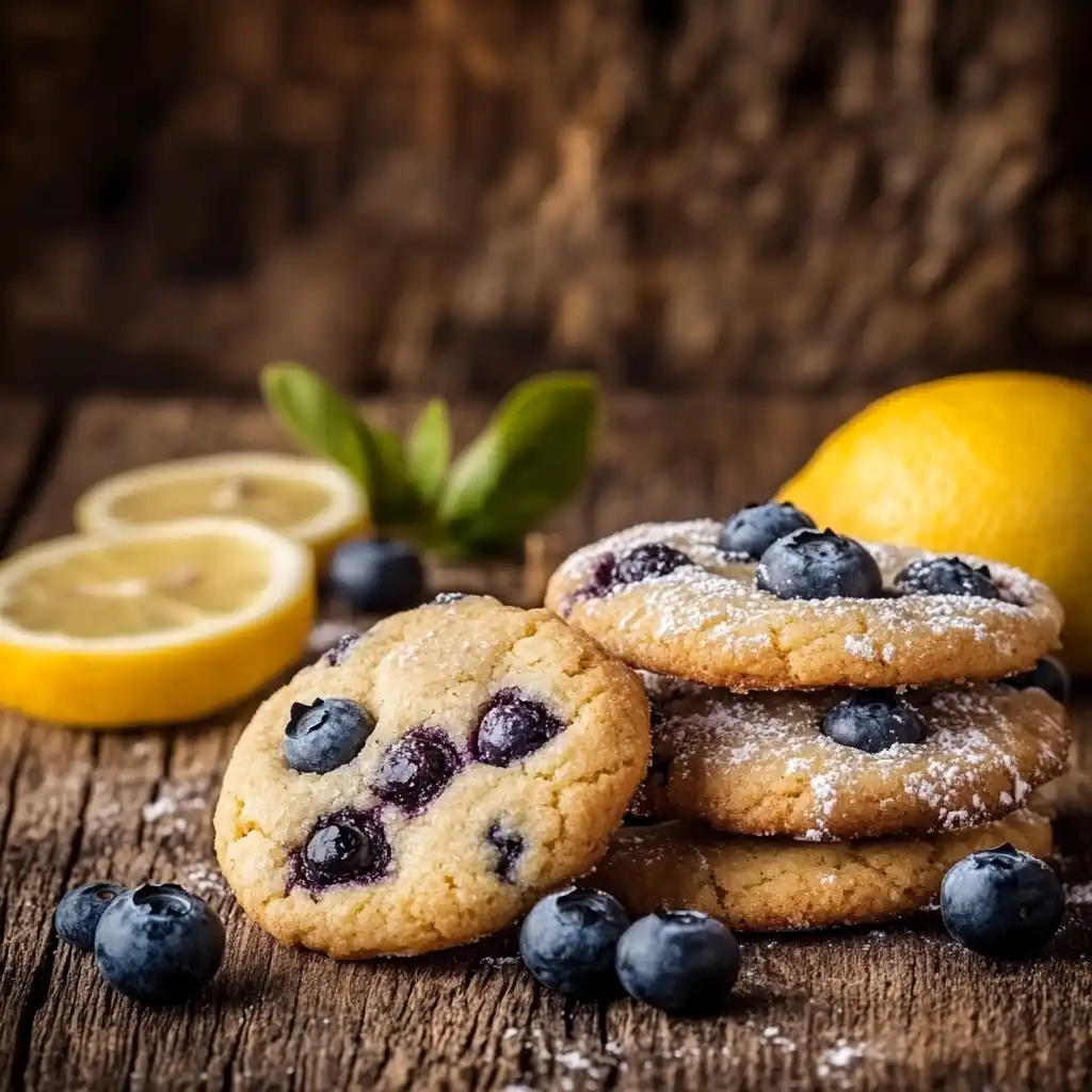 Freshly baked lemon blueberry cookies on a rustic wooden table