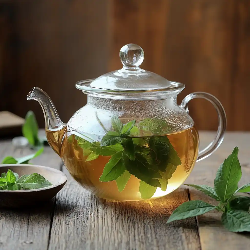 A glass jar filled with dried Lemon Verbena leaves on a wooden shelf