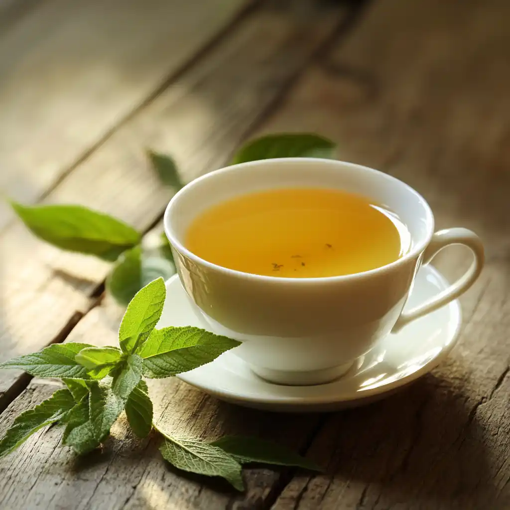 A cup of freshly brewed Lemon Verbena Tea with fresh leaves