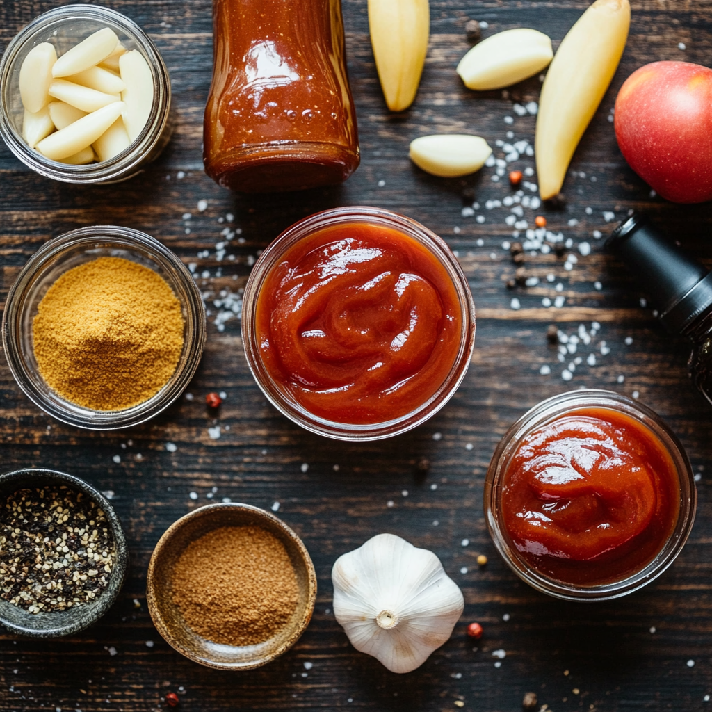 A variety of ingredients used for making meatloaf sauce.