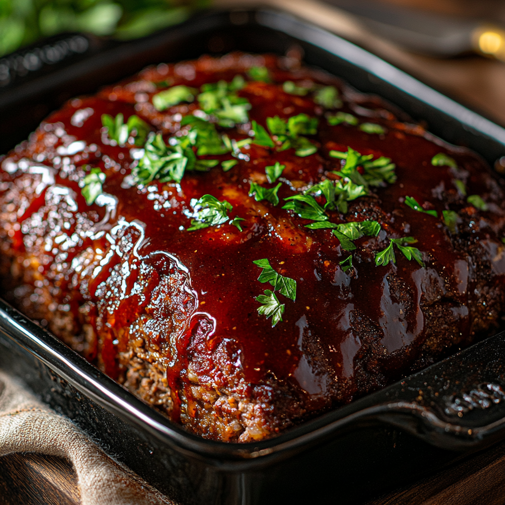 A freshly baked meatloaf with caramelized sauce on top, ready to be sliced.