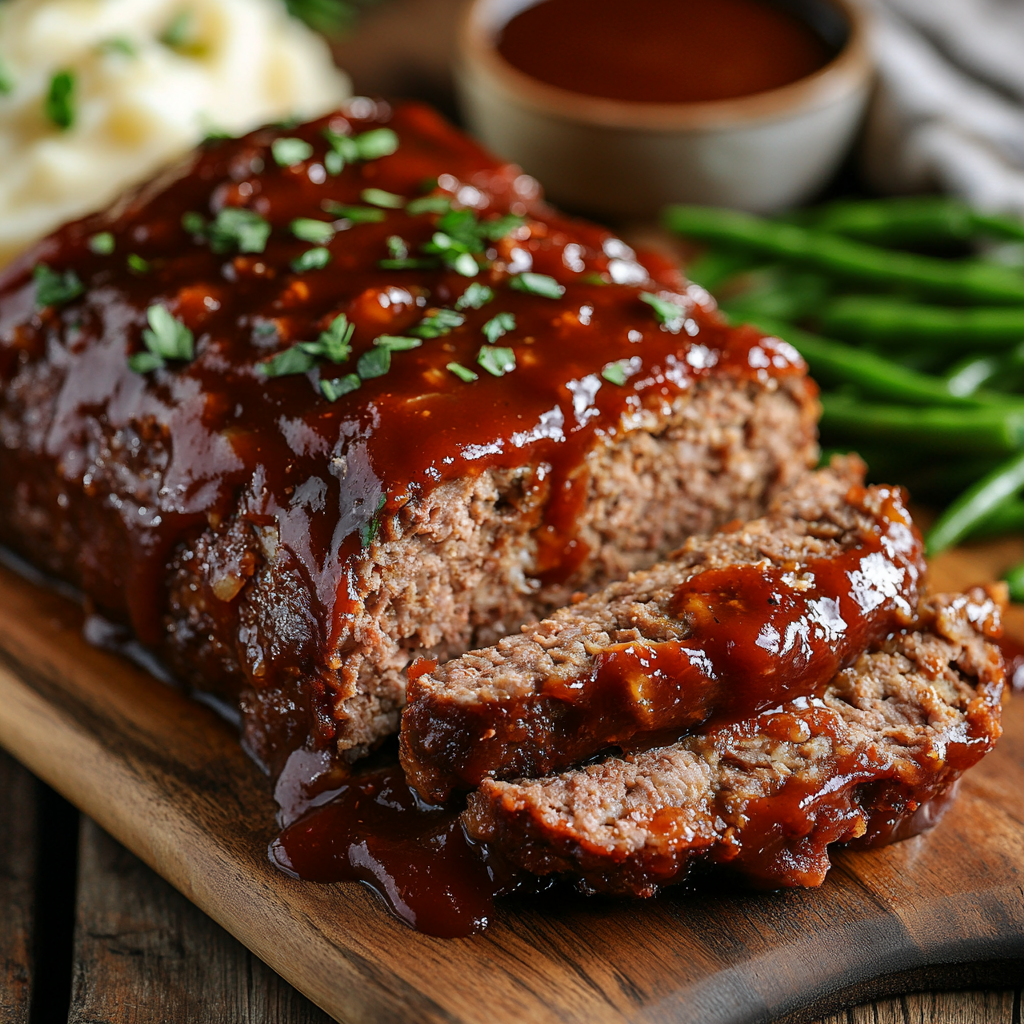 A delicious homemade meatloaf with rich, tangy sauce drizzled on top