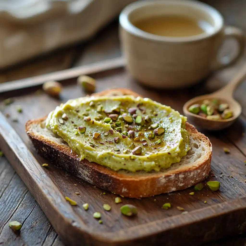 Pistachio butter spread on toast with honey drizzle.