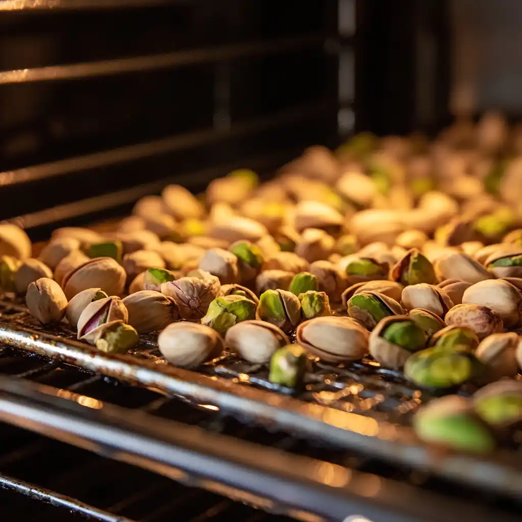 Roasted pistachios spread on a baking tray.