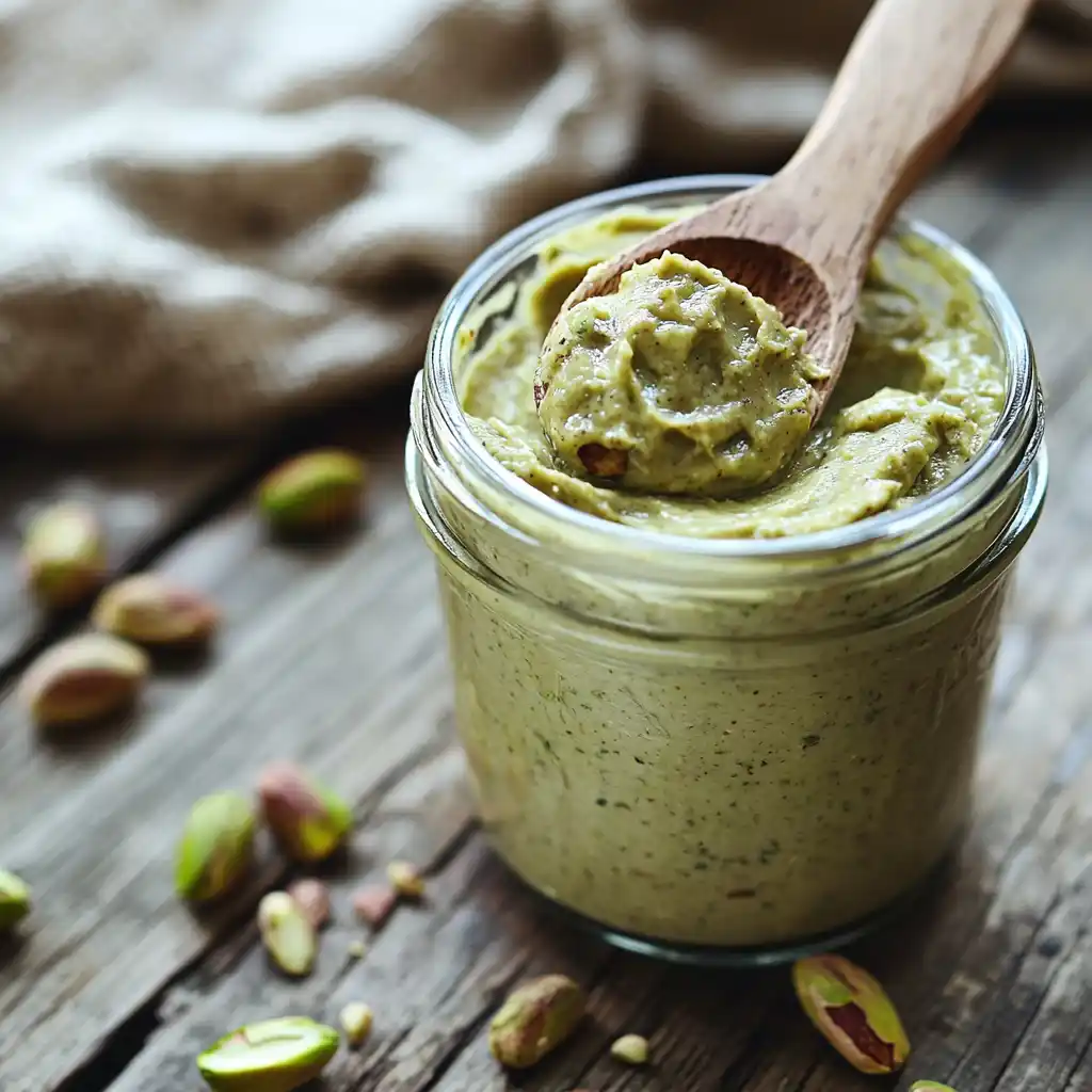 A jar of homemade pistachio butter with fresh pistachios on a wooden table.