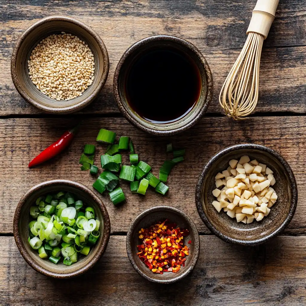 Ingredients for poke marinade in small bowls