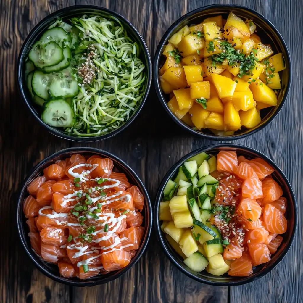 Three different styles of salmon poke bowls