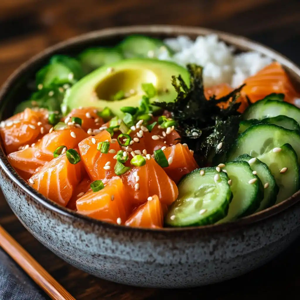 Fresh and colorful salmon poke bowl with toppings