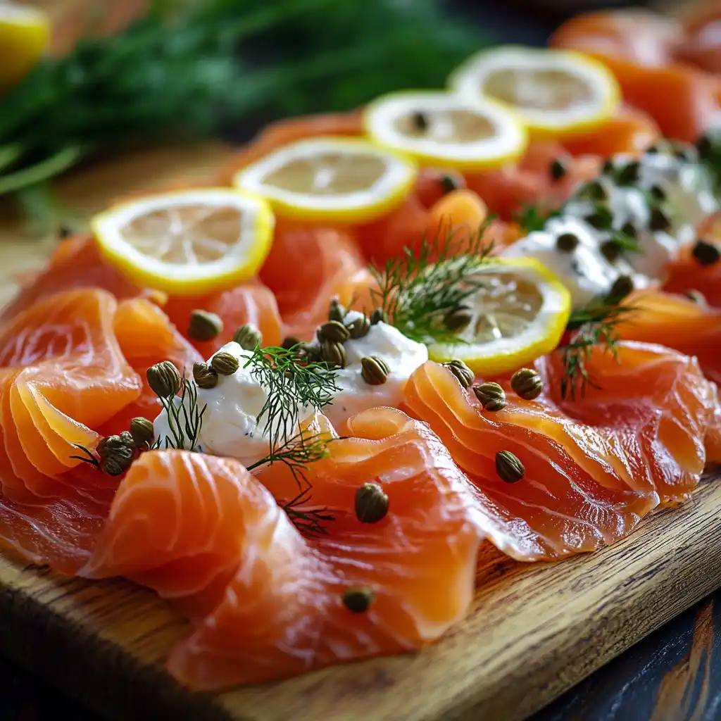 A beautifully plated smoked salmon and cream cheese dish with fresh herbs and a bagel.