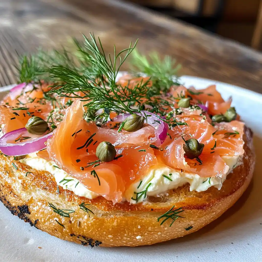 A fresh bagel topped with cream cheese, smoked salmon, and dill.