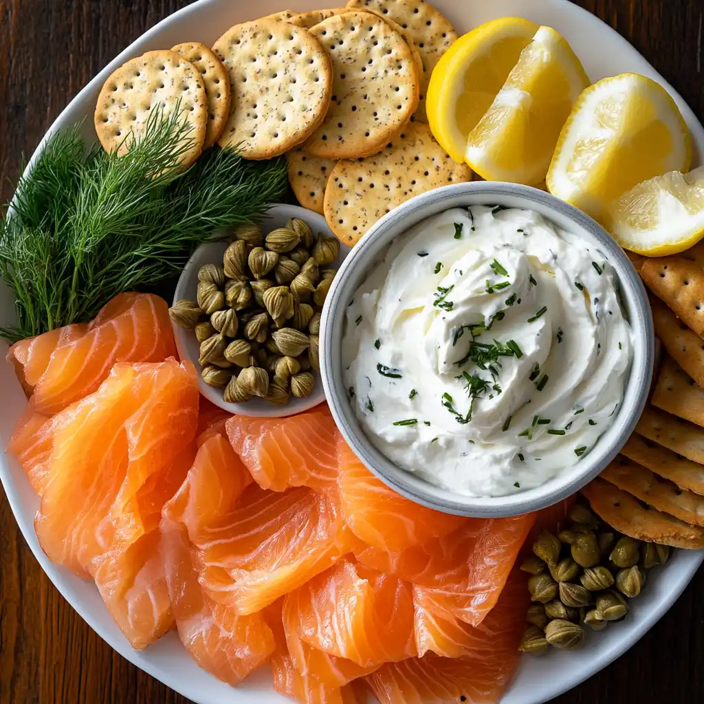 A platter with smoked salmon, cream cheese, capers, lemon slices, and crackers.