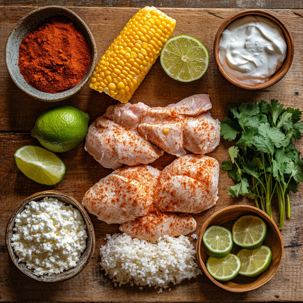 Fresh ingredients for a Street Corn Chicken Rice Bowl, including chicken, rice, corn, and toppings.