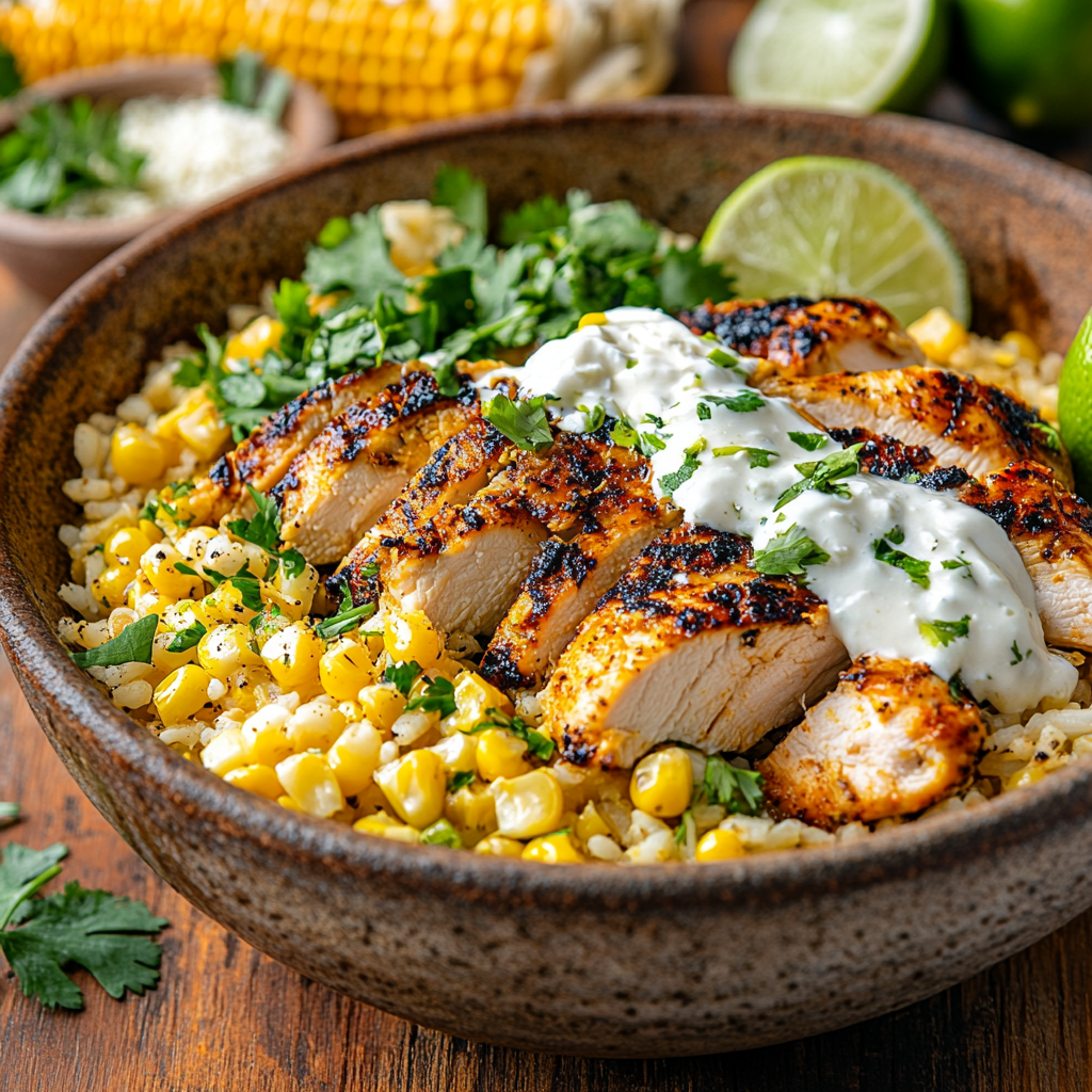 A delicious Street Corn Chicken Rice Bowl with grilled chicken, roasted corn, and creamy toppings.