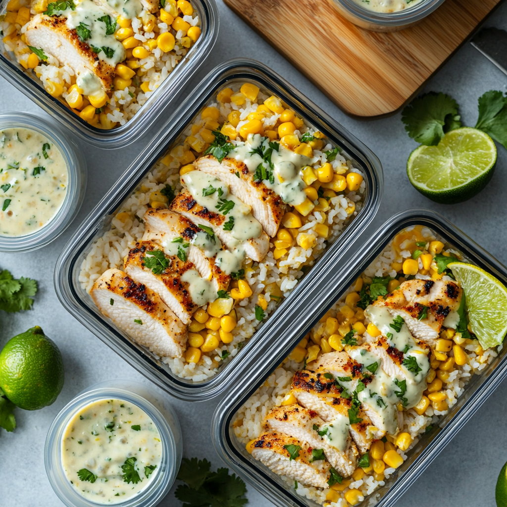 Prepped Street Corn Chicken Rice Bowls in meal prep containers.