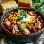 A hearty bowl of turkey cranberry chili with garnishes