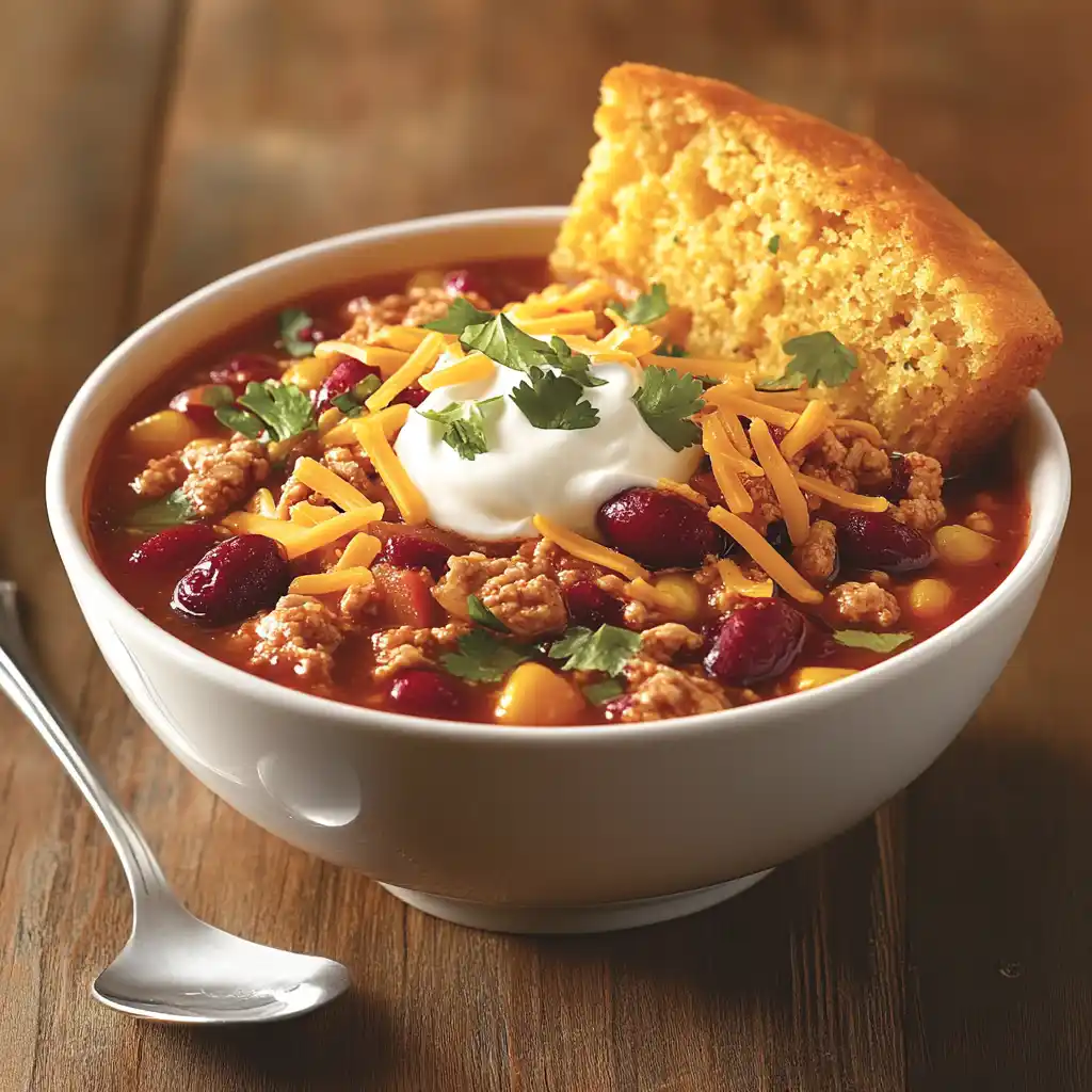 A bowl of turkey cranberry chili with cornbread and toppings