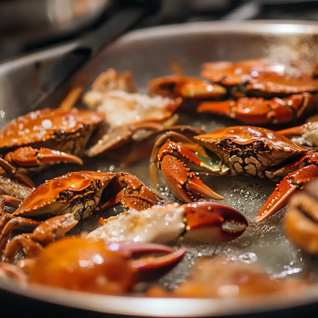 A chef preparing fresh crab in a seafood kitchen