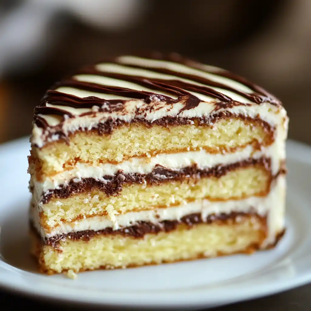 A delicious Zebra Cake with chocolate stripes and creamy filling.