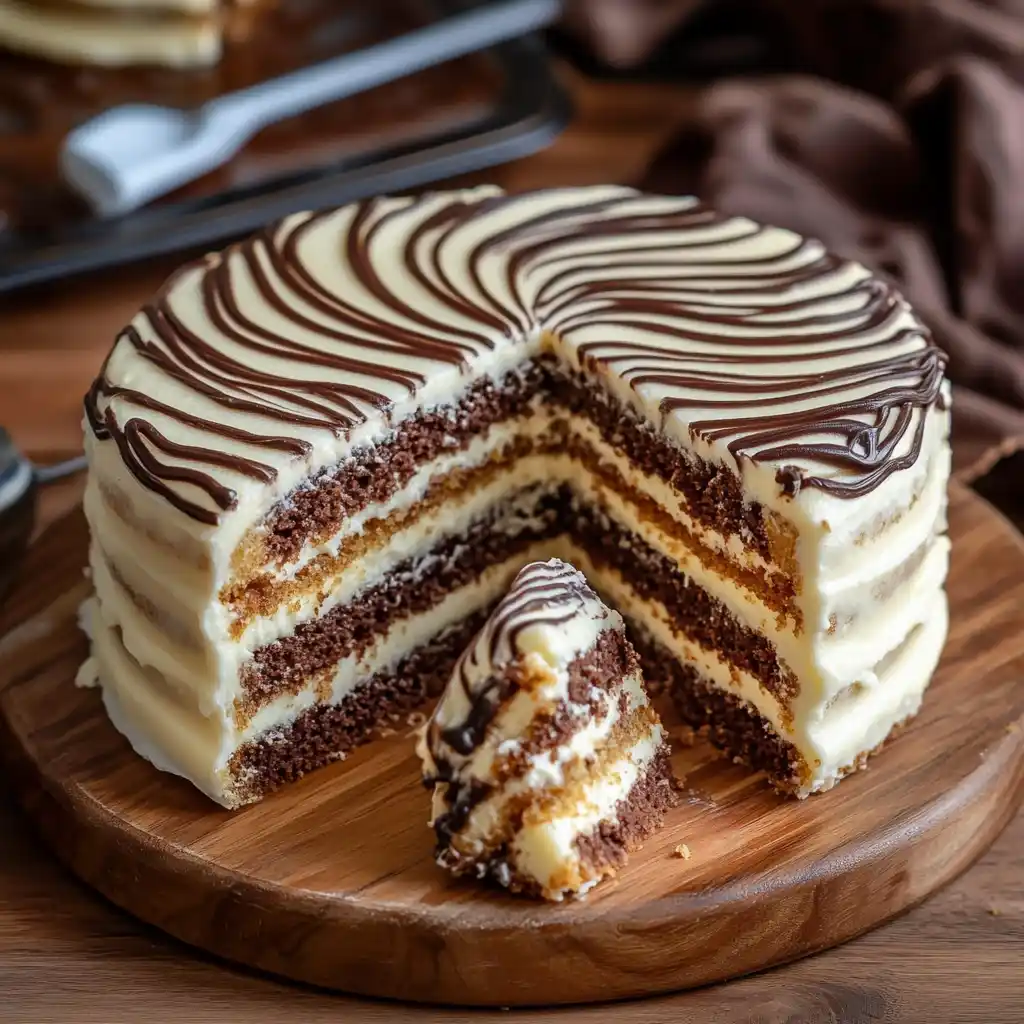 Homemade Zebra Cake with perfect chocolate stripes.