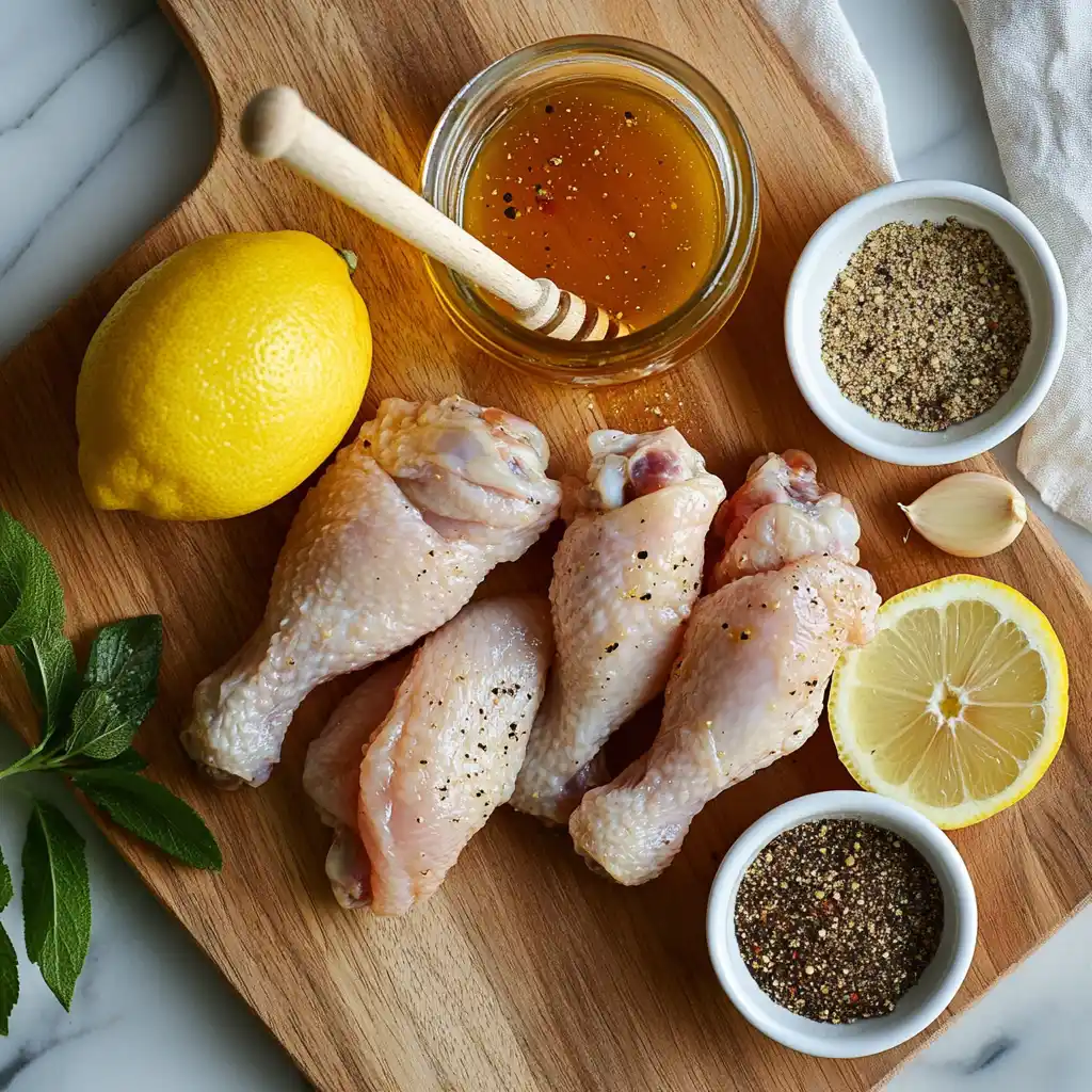 Fresh ingredients for honey lemon pepper wings, including chicken wings, lemon, honey, and black pepper