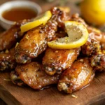 Crispy honey lemon pepper wings served on a plate with a lemon wedge and honey drizzle