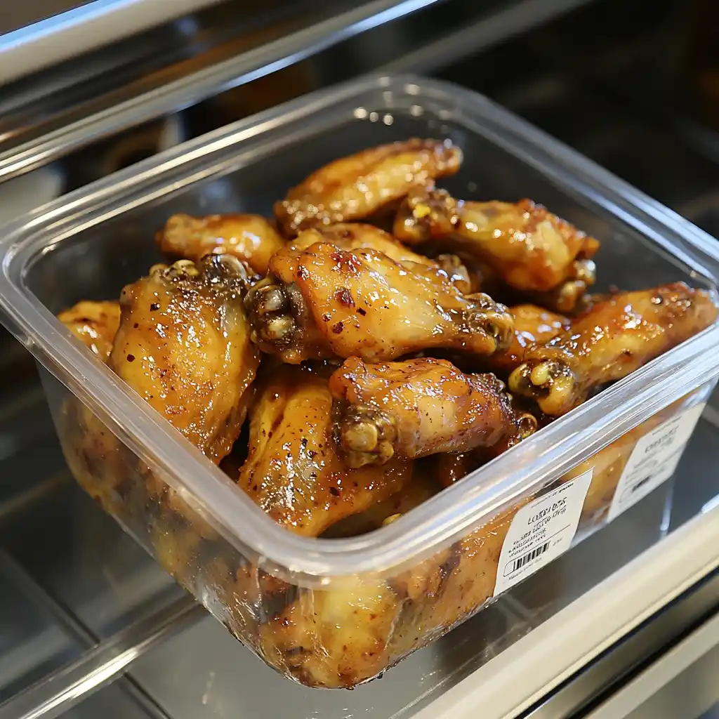 Leftover honey lemon pepper wings stored in an airtight container in the fridge