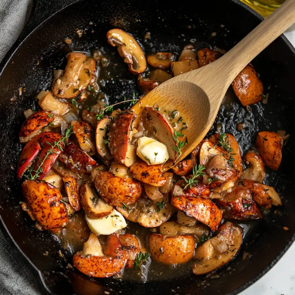 Sautéed lobster mushrooms in a cast iron skillet