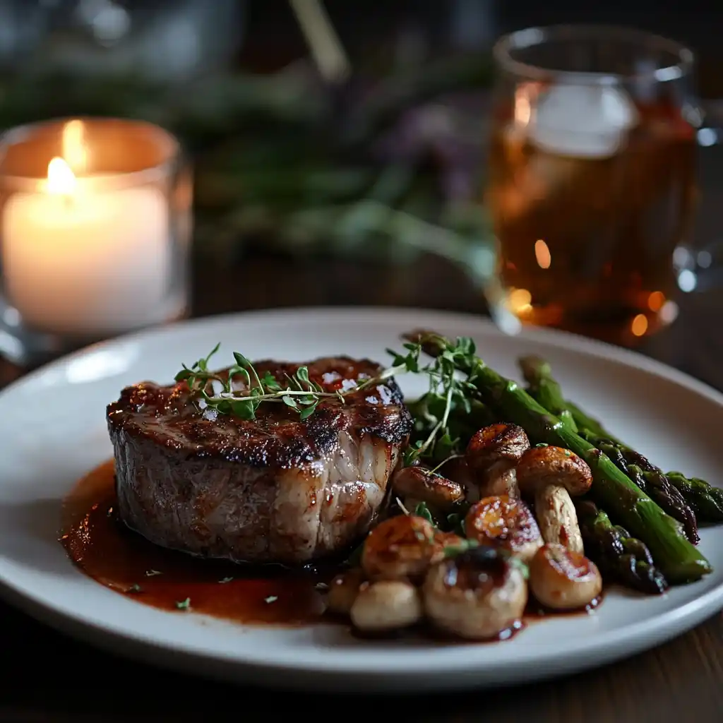 Plated lobster mushrooms with steak and asparagus