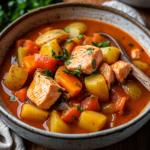 A steaming bowl of salmon stew with fresh vegetables and herbs.