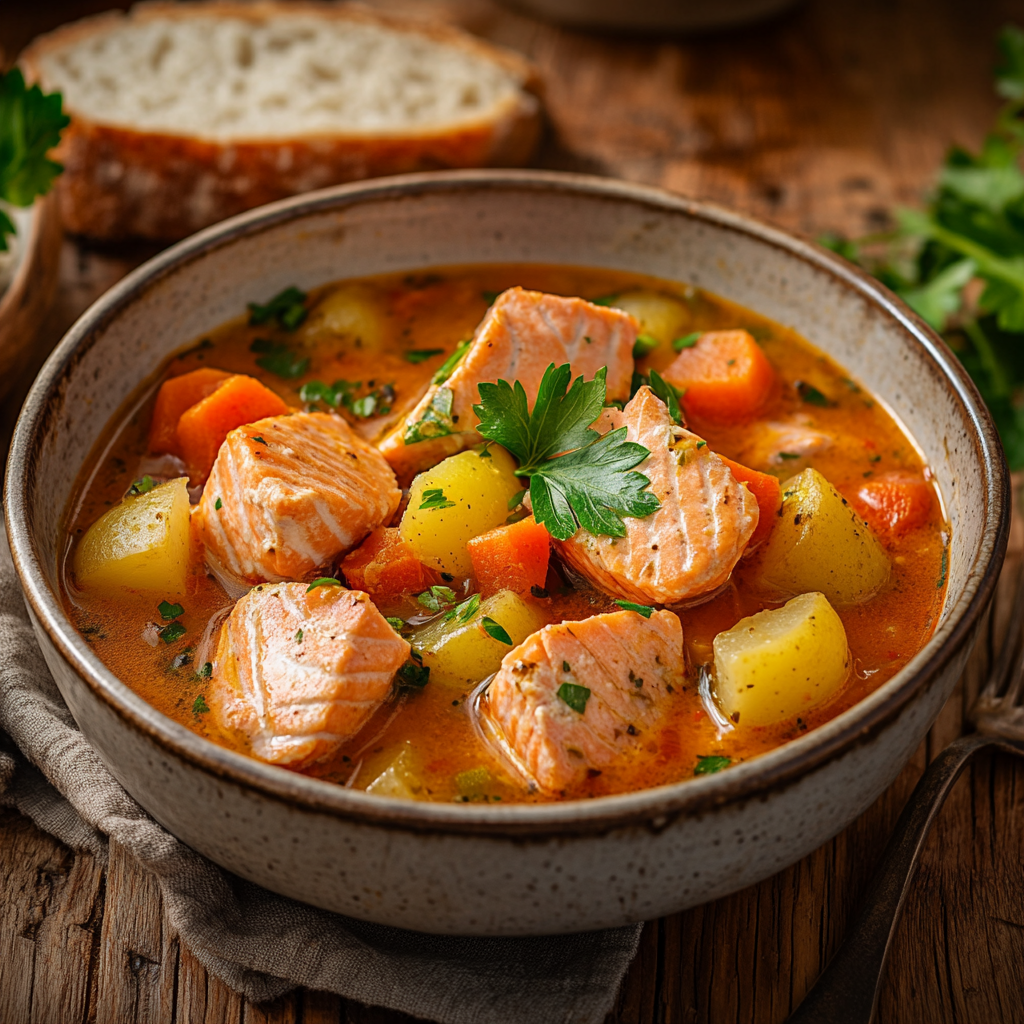 A beautifully served salmon stew with a side of crusty bread.