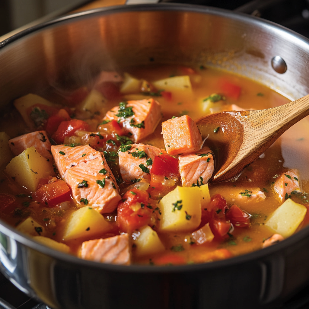 A pot of salmon stew simmering on the stove with visible chunks of salmon and vegetables.