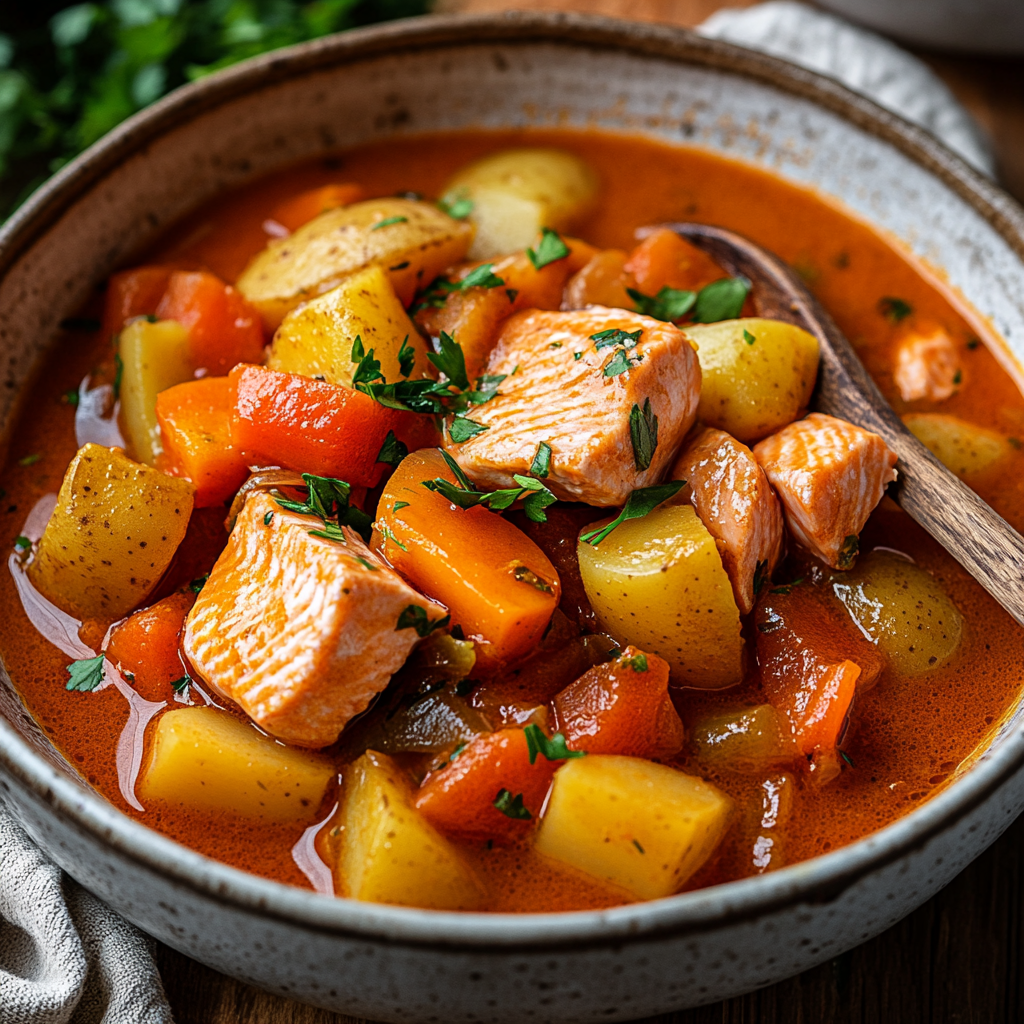 A steaming bowl of salmon stew with fresh vegetables and herbs.